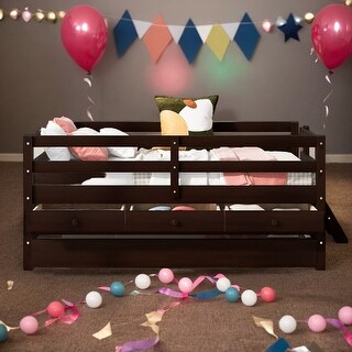 Low Loft Bed Twin Size with Full Safety Fence, Climbing ladder, Storage Drawers and Trundle White Solid Wood Bed