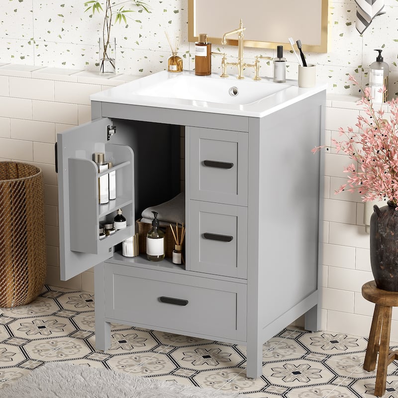 24" Modern Bathroom Vanity with Ceramic Sink - Soft-Close Door, 3 Drawers, Double-Layer Shelf, Minimalist Design