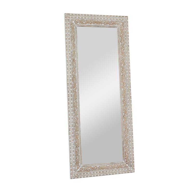 Mango Wood Floral Intricately Carved Wall Mirror - White - Roche River Decor - 2"W x 36"L x 84"H