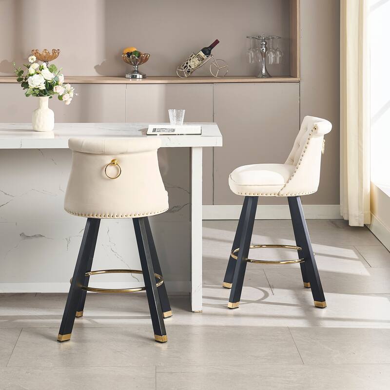 Versatile Velvet Tufted Bar Chairs Set of 2 Swivel Bar Stools with Back Pull Ring, Rivet Decoration and Wooden Square Foot