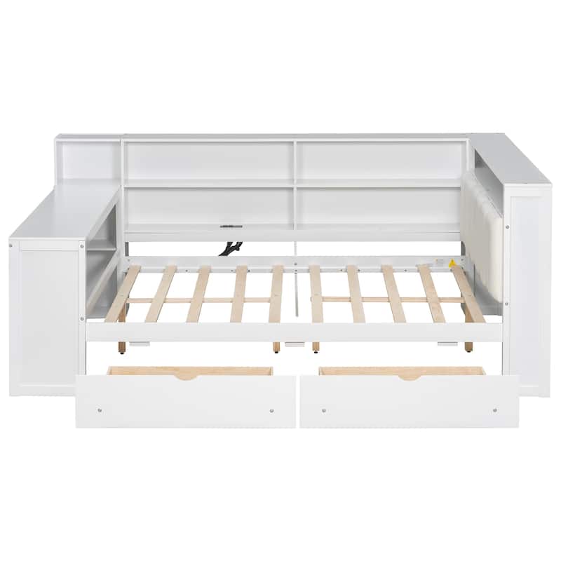 Wood Daybed Platform Bed Multifunctional Bed Frame with Charging Station and LED Light, Upholstered Headboard, Storage Shelves