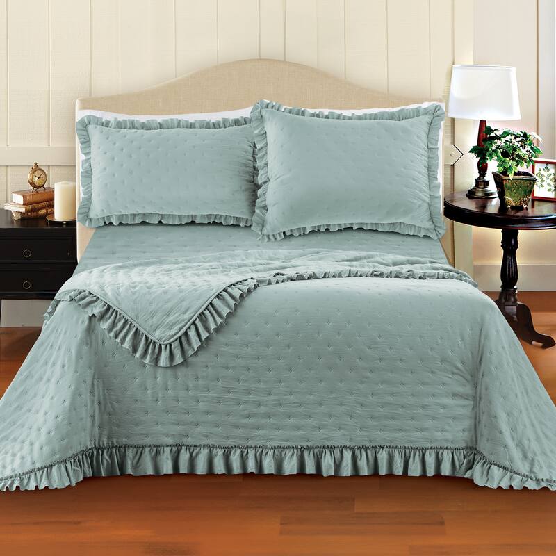 Textured Design Ruffled Border Solid Color Quilt - Seafoam Green - King