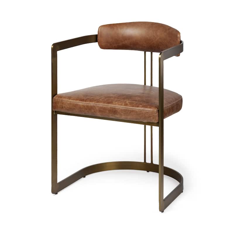 HomeRoots Brown And Gold Upholstered Leather Open Back Dining Arm Chair