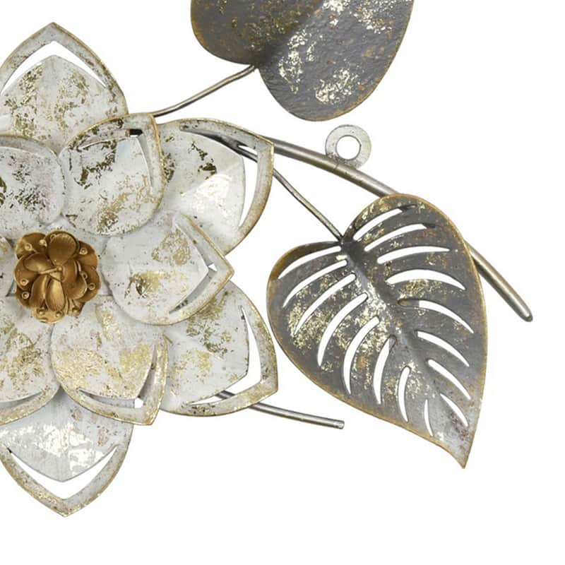 Floral Wall Decor with Gold Petals, Silver Leaves, 28 Inch White Metal