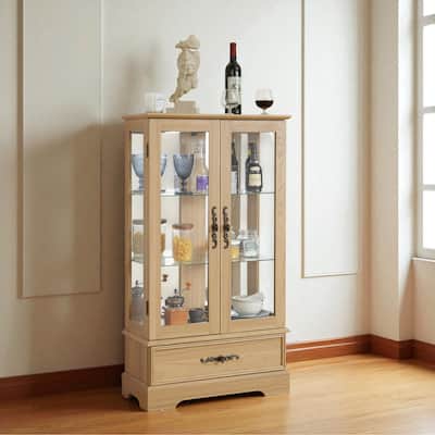 Lighted Glass Curio Cabinet with Adjustable Shelves, 2-Door Display Cabinet with Drawer and Built-in Bulb, Retro Accent Storage