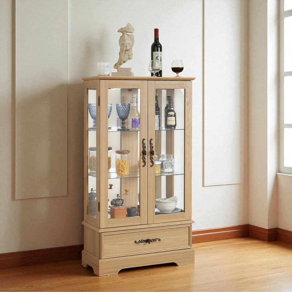 Lighted Glass Curio Cabinet with Adjustable Shelves, 2-Door Display Cabinet with Drawer and Built-in Bulb, Retro Accent Storage