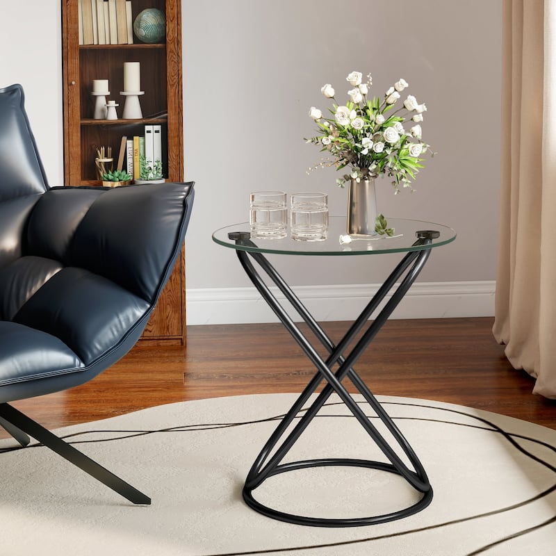 Tempered Glass Round Side/End Table with Metal Legs - 19.7"Dia Top x 21.7"H x 15.6"Dia Base