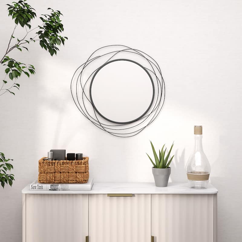 Metal Round Wall Mirror with Thick Glass and Hooks - 25.6" Dia. x 0.4" D - Black