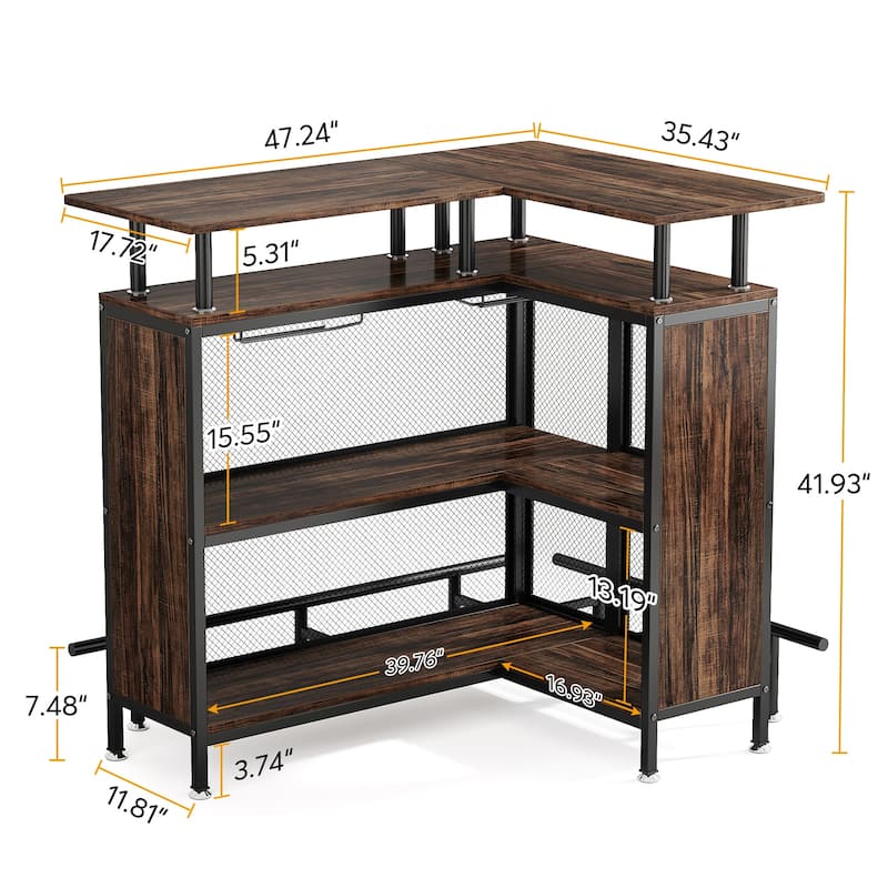 L-shape Home Bar Unit, Liquor Bar Table with 2-Tier Storage - N/A