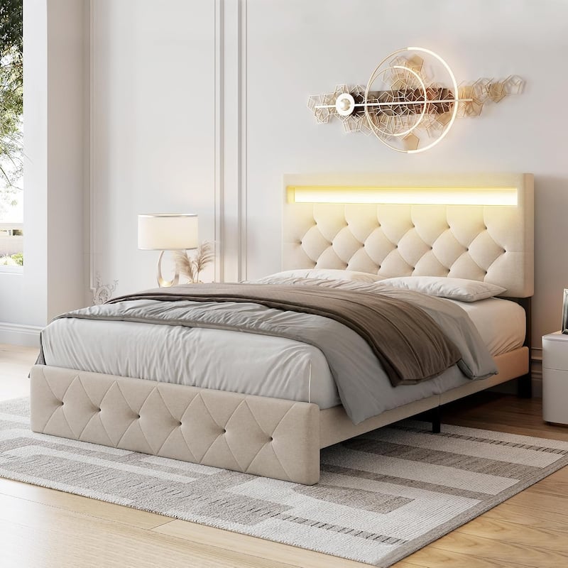 Upholstered Bed Frame with Storage Headboard, LED Lights, Charging Station & Wood Slats, Easy Assembly - Full - Beige