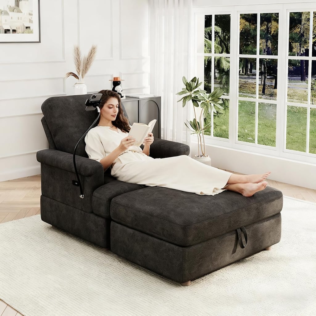 59" Oversized Chaise Lounge Chair with Storage Ottoman,Upholstered Sleeper Sofa with Reclining Backrest,Phone Holder,USB Charger