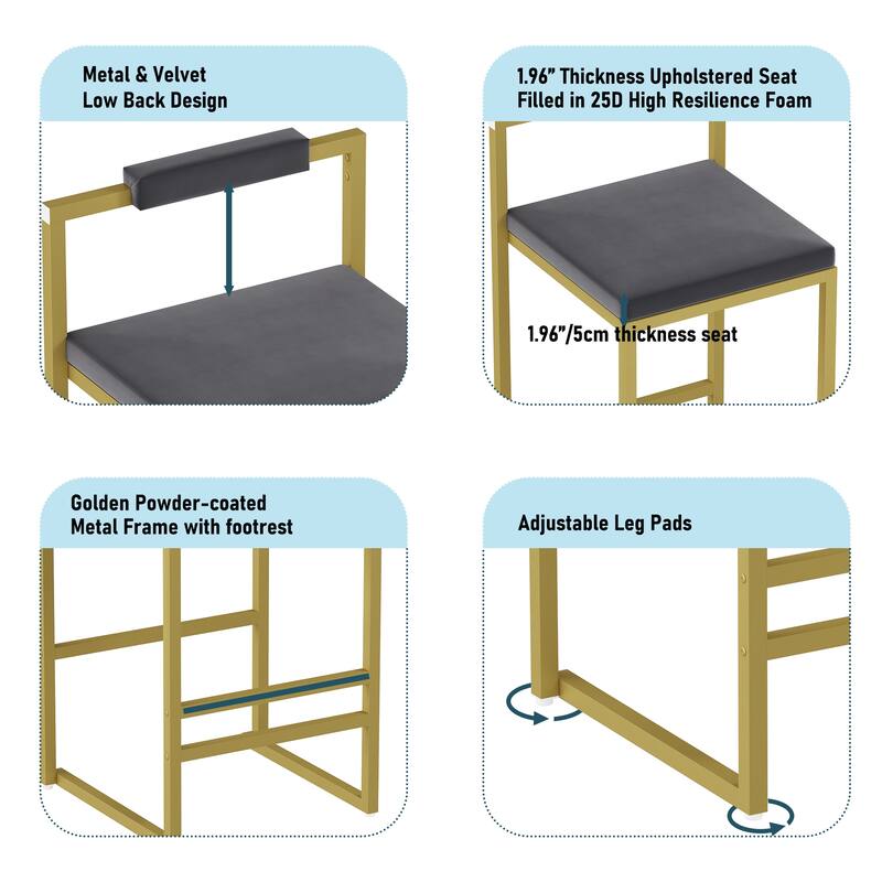 Set of 2 Bar Stools with Backrest & Footrest Counter Height Velvet Upholstered Dining Chairs for Kitchen Island (Gold & Gray)