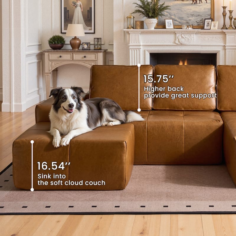 HOOOWOOO Mid-Century Modern Leather L-shaped Sectional Sofa Couch with Ottoman