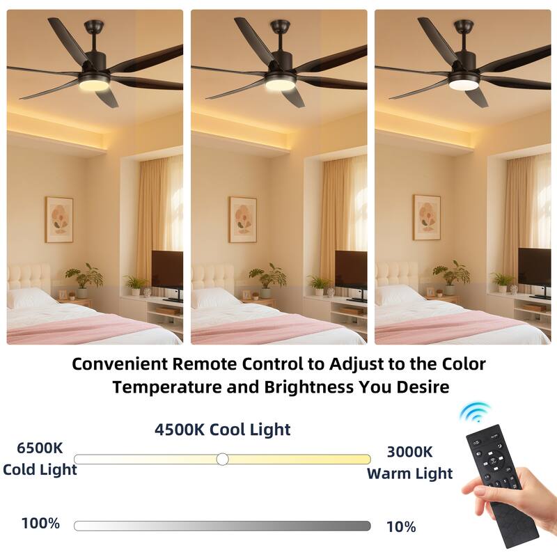 66 in. Modern Downrod Mount Ceiling Fan with LED Light, 6 ABS Blades, DC Motor, Remote Control