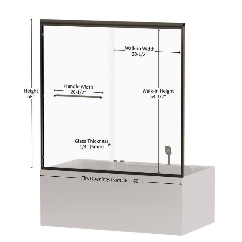 ABRUZZO 56-60" W x 58" H Double Sliding Semi-Frameless Tub Door 1/4" (6mm) Tempered Glass Aluminum Alloy Frame