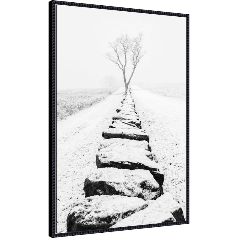 Snowy Stone Wall by Aledanda (23 x 33 in.), Framed Canvas Wall Art Print - Sylvie Beaded Black