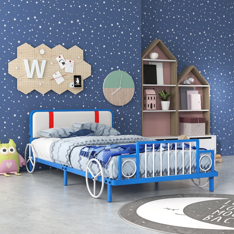 Twin Platform Bed for Kids with Metal Car-Shaped Frame