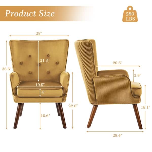 dimension image slide 2 of 6, Modern Upholstered Velvet Wingback Accent Arm Chair, Set of 2 - 36.6" H x 28" W x 28.4" D