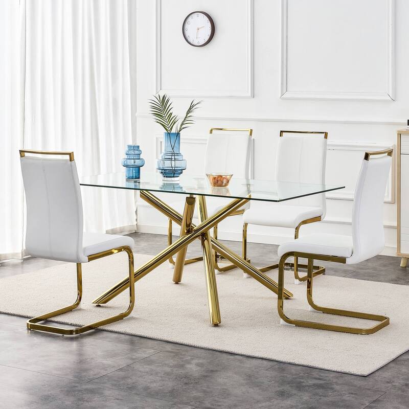 Modern Dining Chairs PU Faux Leather High Back Upholstered Side Chair with Golden C-shaped Tube Chrome Metal Legs