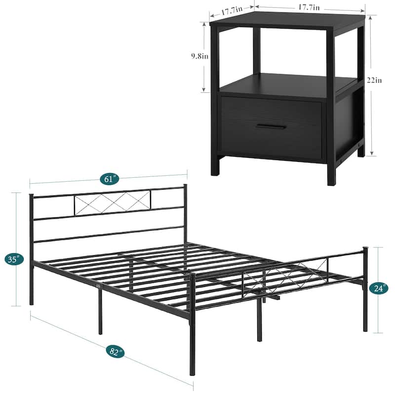 VECELO Industrial 3-Piece Bedroom Set Metal Bed Frame with Headboard and Modern Nightstand Set of 2