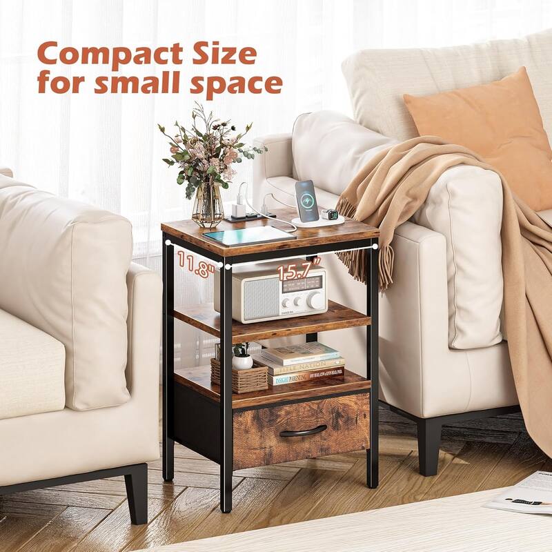 Nightstand Set of 2 Or 1 with Charging Station and USB Ports, Storage End Table with Fabric Drawer, Night Stand for Small Spaces