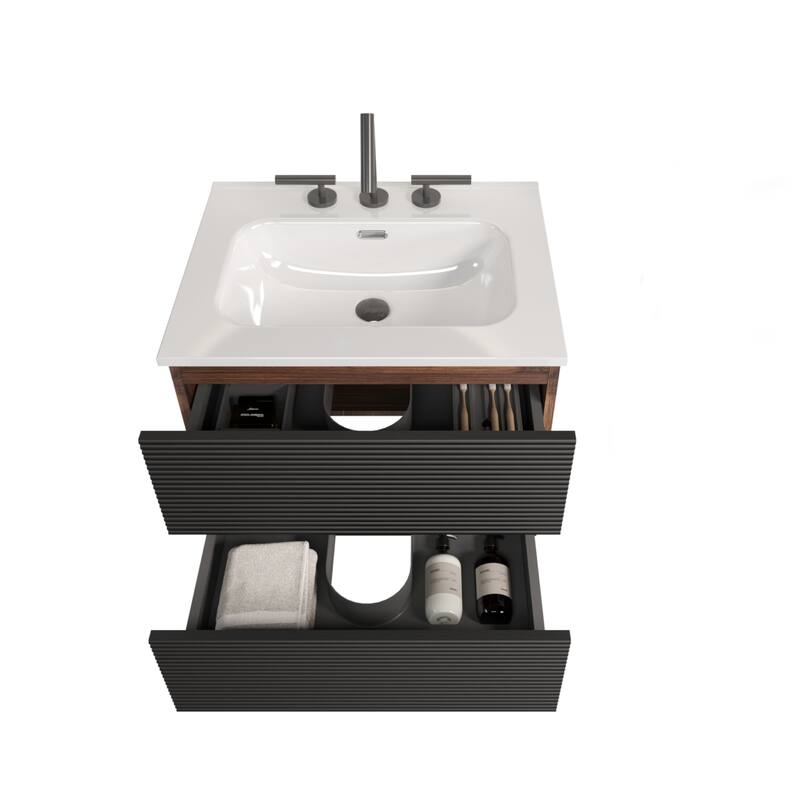 24" Wall-Mounted Bathroom Vanity with Integrated Ceramic Sink & Overflow, Large Storage Floating Vanity