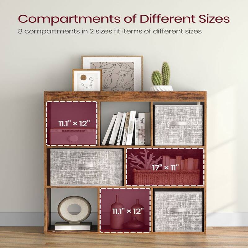 Rustic Brown 8-Cube Bookshelf with Open Storage Compartments for Living Room Study or Office - 35.4"L x 11"W x 39.4"H