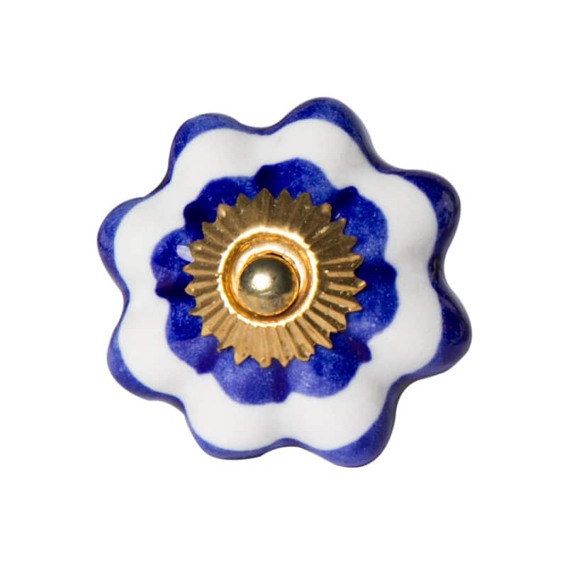 Set of 12 Blue White Gold Round Pulls Ceramic Flower Knobs for Cabinets Drawers or Wardrobes - Blue, White, Gold