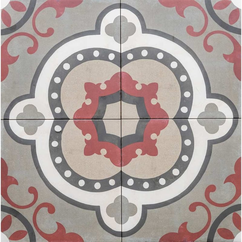 Art Deco 8x8 Matte Porcelain Encaustic Tile - Floor, Wall & Backsplash - 8 x 8 Sample - Grenade Red