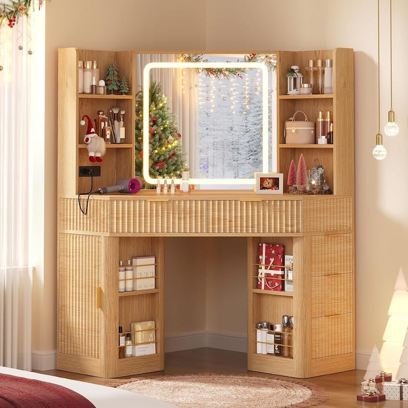 Corner Vanity Desk with Lighted Mirror Drawers Shelves Storage Stool