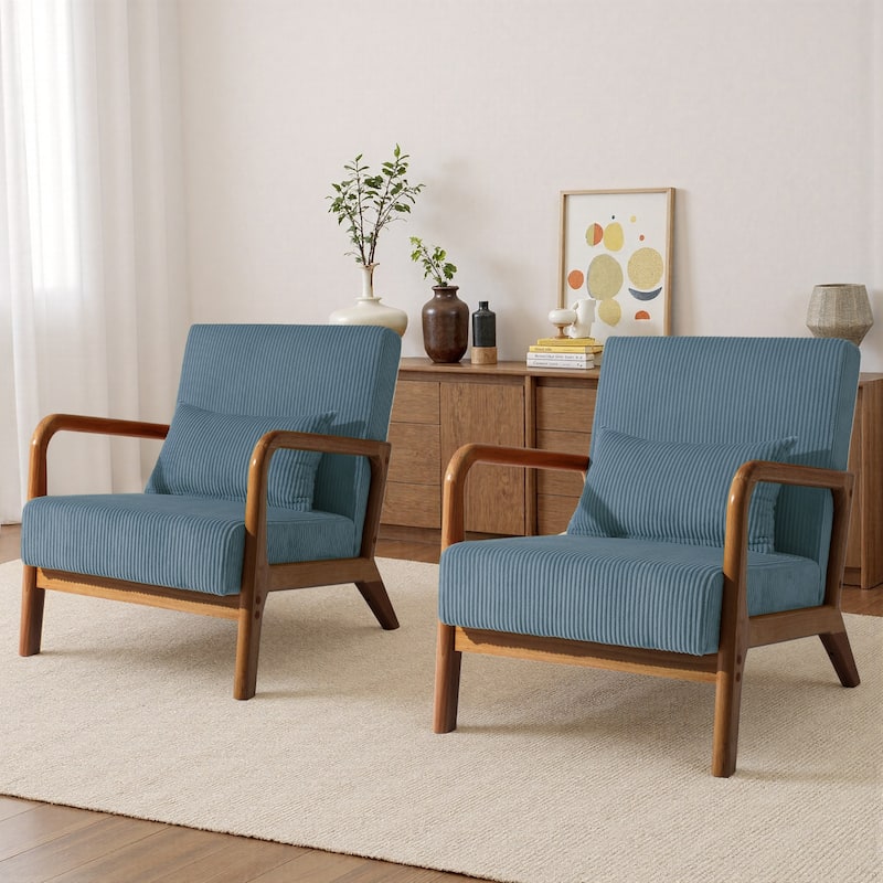 25" W Mid Century Upholstered Wood Accent Chair with Pillow set of 2