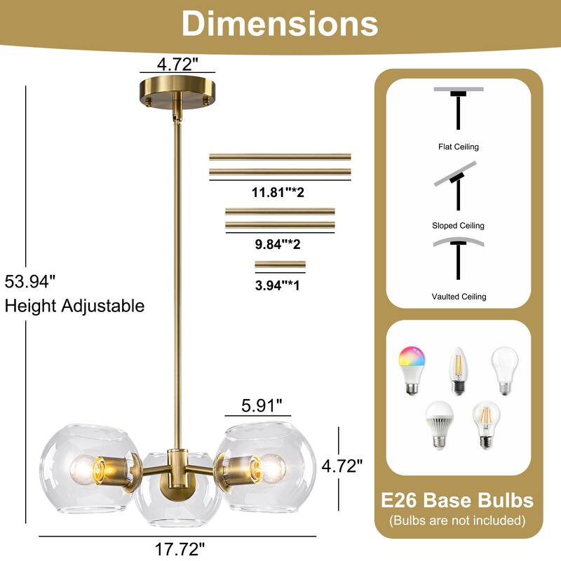 Starsky 3-Light Modern Clear Glass Sputnik Chandelier