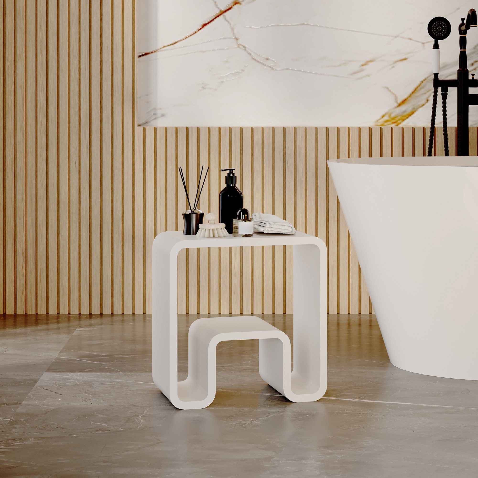 Solid Surface Shower Stool with Wide Anti-Slip Legs, Waterproof Mold-Resistant Freestanding Shower Seat, 440 lbs. Capacity