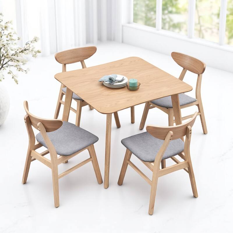 5-Piece Square Dining Table Set for 4, Solid Wood Legs, Upholstered Chairs, Modern Space-Saving Kitchen Furniture, Easy Assembly - Oak
