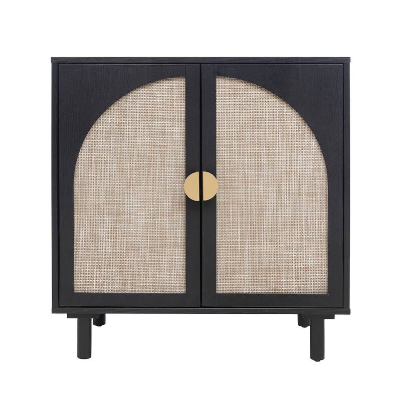 Rattan Decorative Cabinet Dining Cabinet with Semicircular Metal Handles, Rustic Credenza Console Cabinet