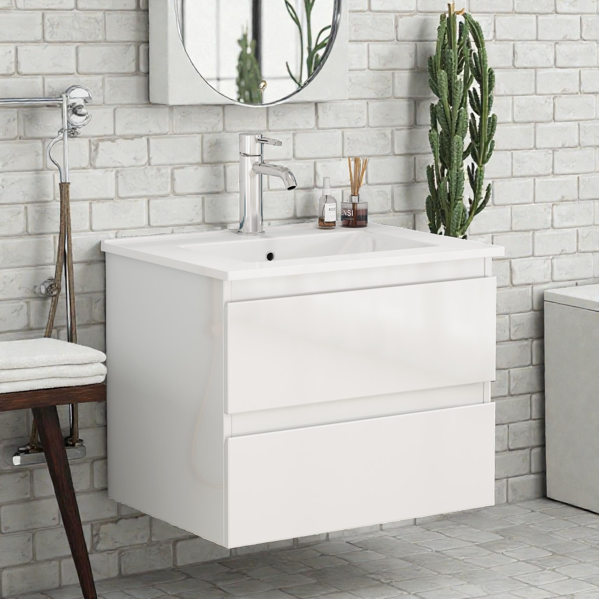 24 Inch Bathroom Vanity with Sink Combo, Wall Mounted Cabinet with 2 Drawers, Handle-Free Design, Soft Close Drawers
