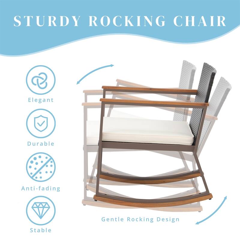 3 Pieces Rocking Wicker Bistro Set, Patio Outdoor Furniture Conversation Sets with Porch Chairs and Glass Coffee Table