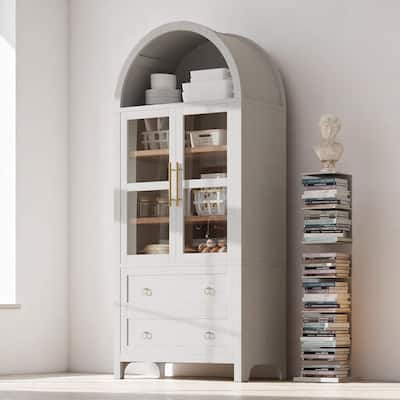 Farmhouse 71" Tall Arched Pantry Cabinet with 2 Drawers, Glass Door, Adjustable Shelves for Kitchen or Dining