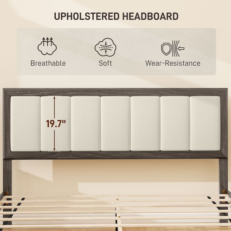 HOMCOM Queen Size Bed Frame with Upholstered Headboard, Platform Bed Frame with Wooden Slats, No Box Spring Needed
