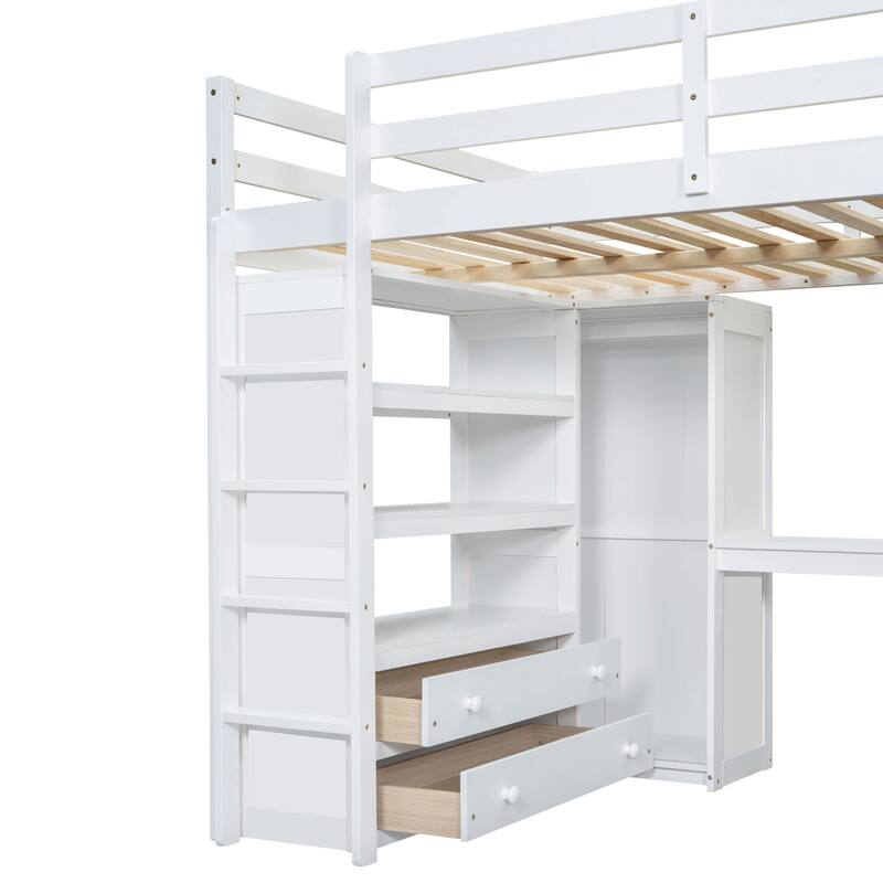 Full Size Pinewood Loft Bed with Built-in Study Desk and Wardrobe, Storage Shelves and 2 Drawers, Full-length Guardrails