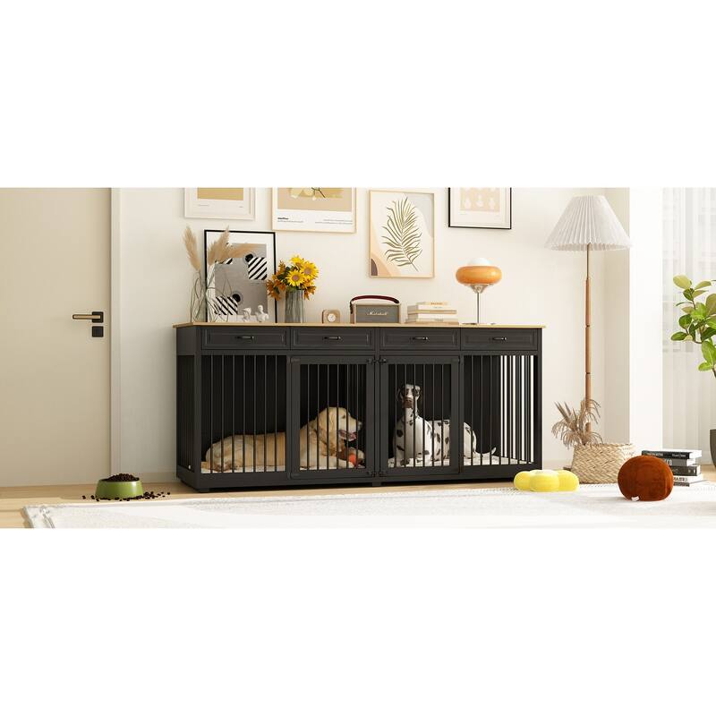 Wooden Dog Crate Kennel Furniture for 2 Dogs with Divider & Drawers