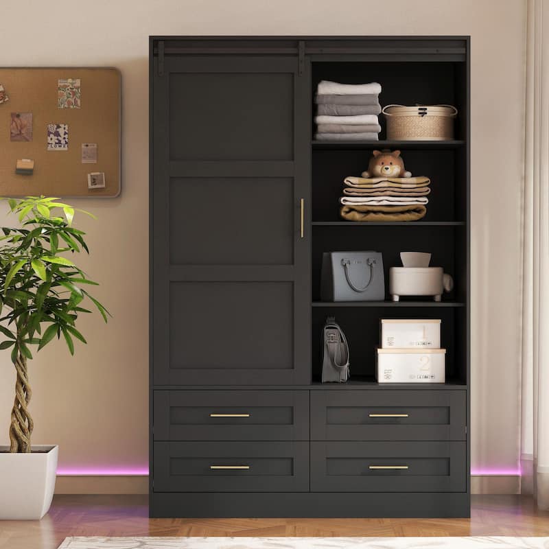 Tall Bedroom Armoire Wardrobe Closet with Hanging Rod, Barn Door, Drawers, and Open Shelves - Black