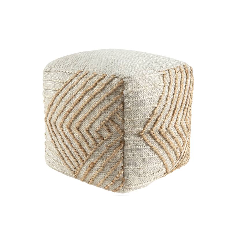 HomeRoots 18" Natural and Off White Cotton Jute And Wool Geometric Cube Pouf Ottoman