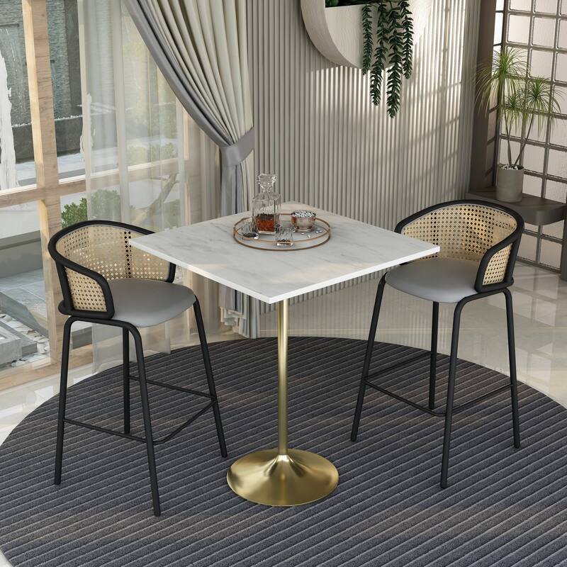 LeisureMod Verve Square Bar Dining Table with White Resin TableTop and Gold Steel Base for Kitchen & Dining Room