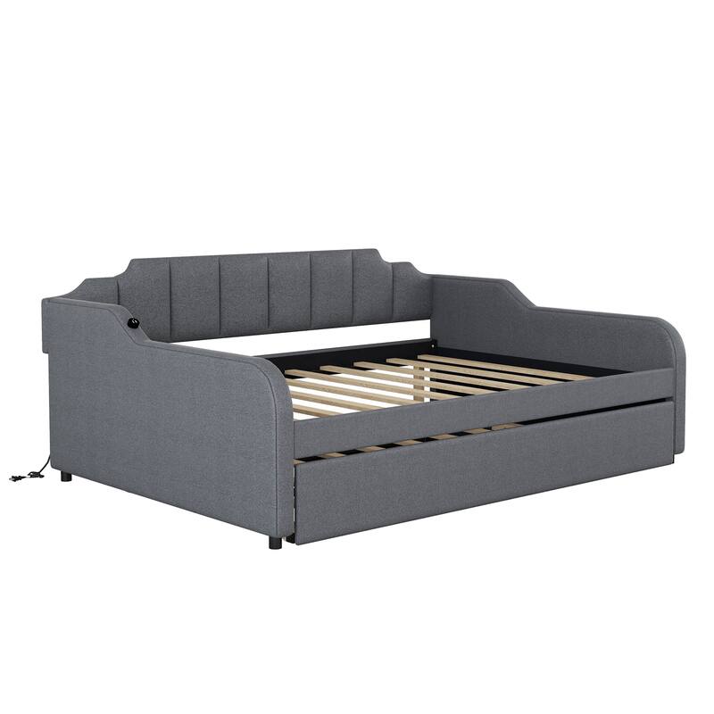 Full Size Upholstered Daybed with Pull-Out Trundle and USB Charging, Gray