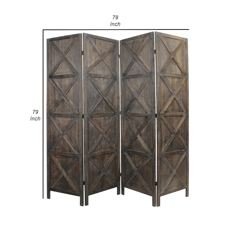 79 Inch Wood 4 Panel Screen Room Divider, Crossed Accents, Brown