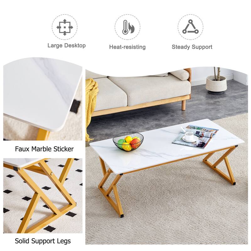 A modern minimalist style marble patterned coffee table with golden metal legs Computer desk Game table Tea table