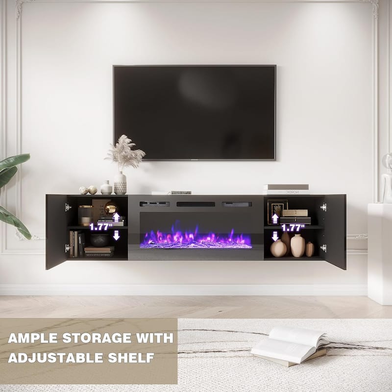 Erommy 70" TV Stand with Electric Fireplace Heater, Media Entertainment Center Console for TVs up to 80" with Storage Cabinet