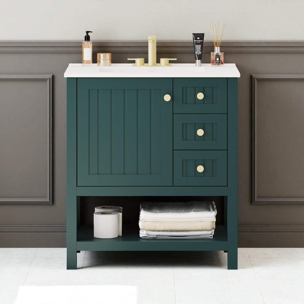 30 Inch Transitional Bathroom Vanity with Ceramic Sink, Solid Wood Cabinet, Soft-Close Doors and Drawers