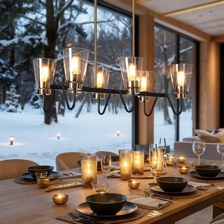 Modern Farmhouse 6-Light Black Gold Linear Chandelier Cone Glass Kitchen Island Pendant Lights - 27.5"L